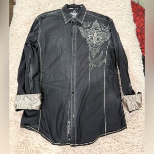 ROAR Mens Embroidered M Black Long Sleeves Button Up Strength Refined Ind